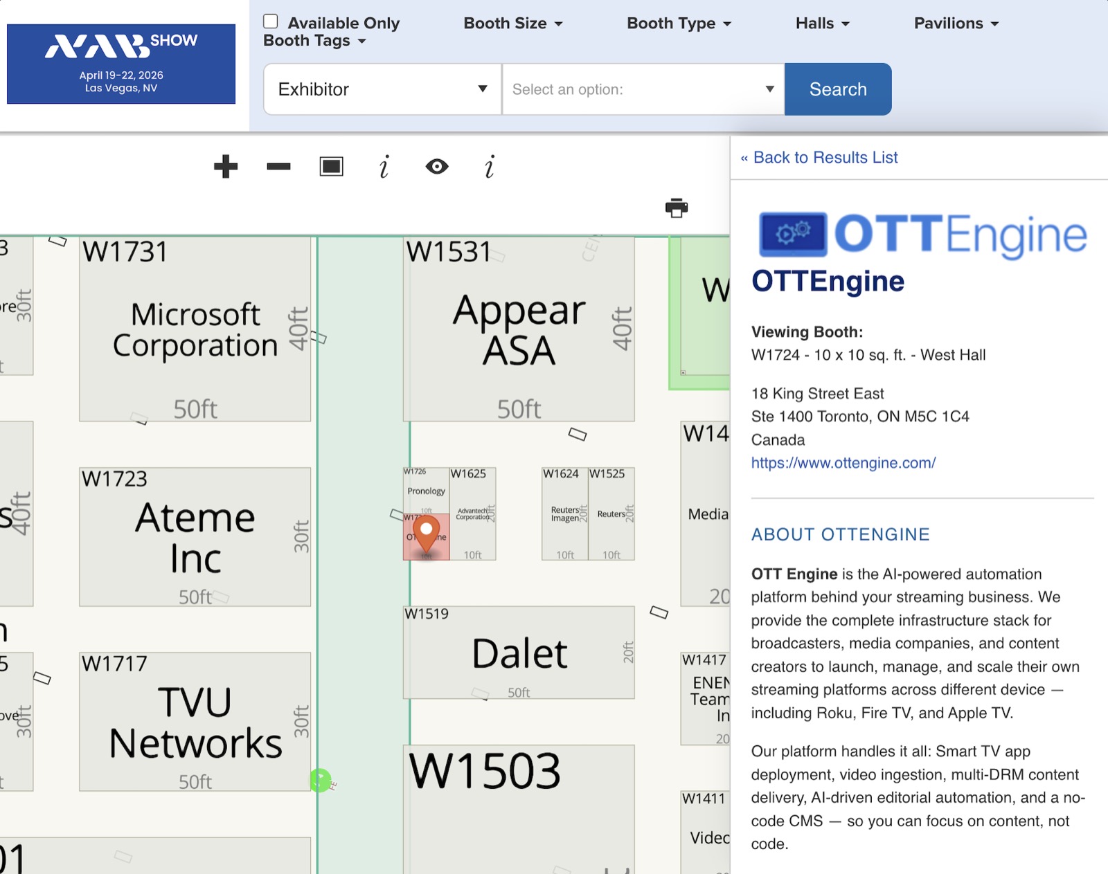 OTT Engine booth W1724 location on the NAB Show 2026 floor map, West Hall